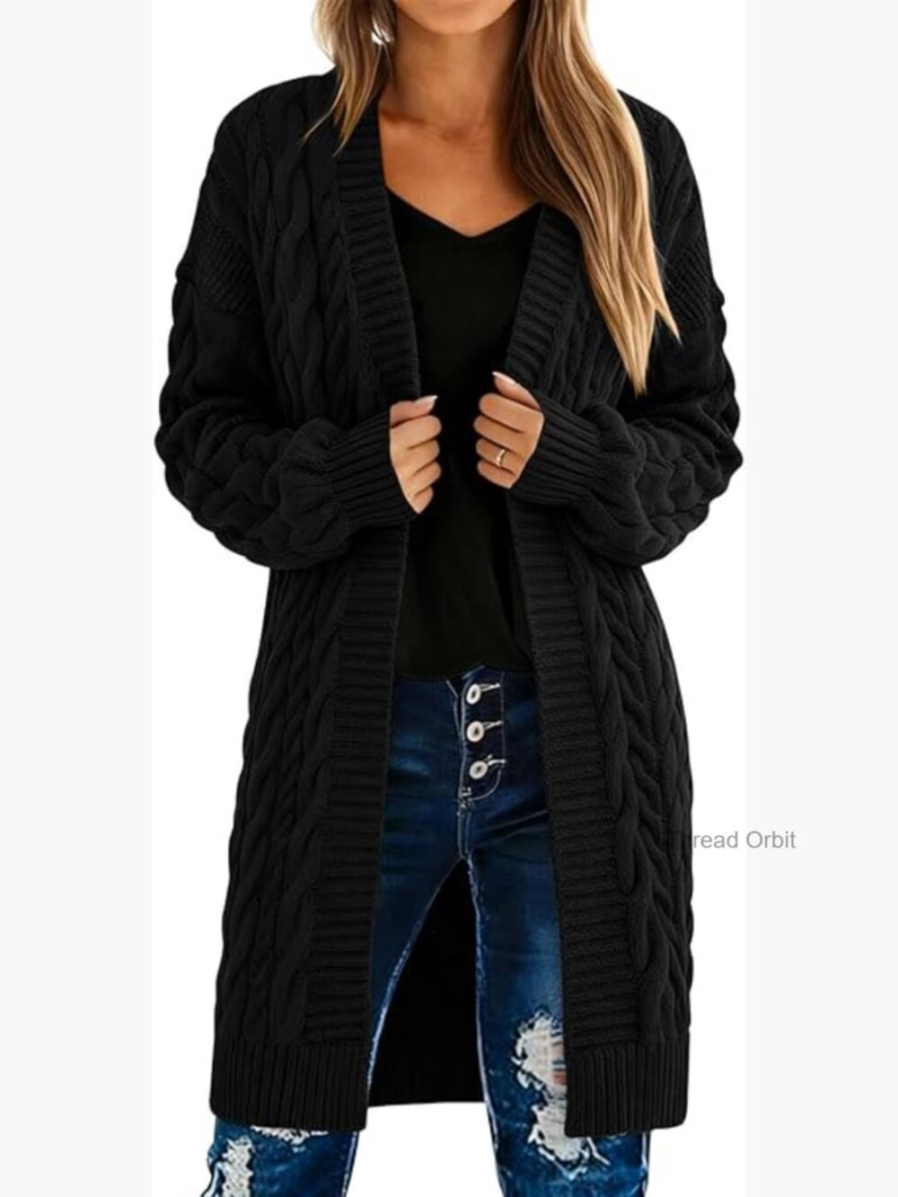 Long Sleeve Open Front Cable Knit Cardigan Sweater with Pockets